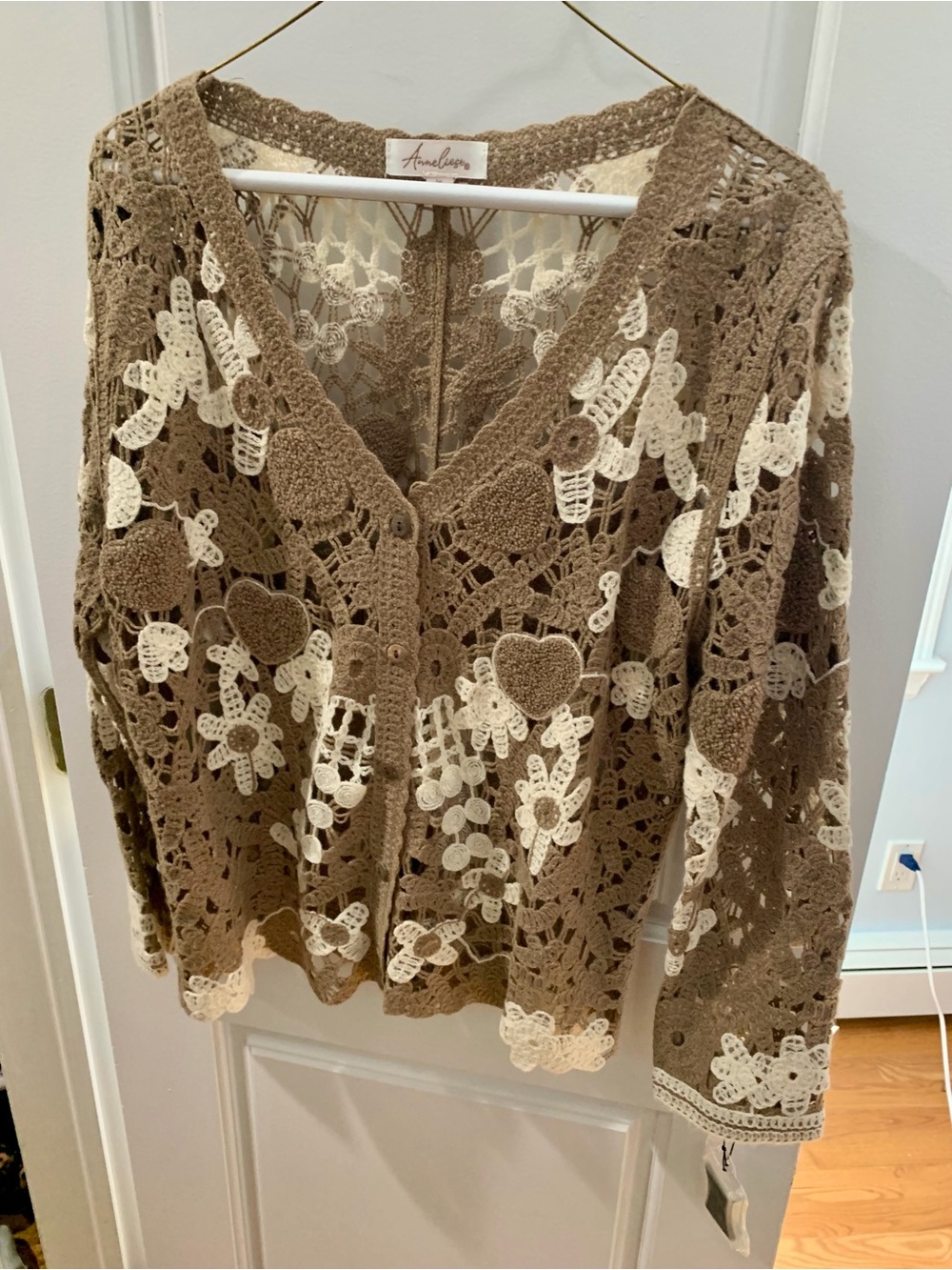 Crochet Heart & Floral Cardigan - Brown/Cream